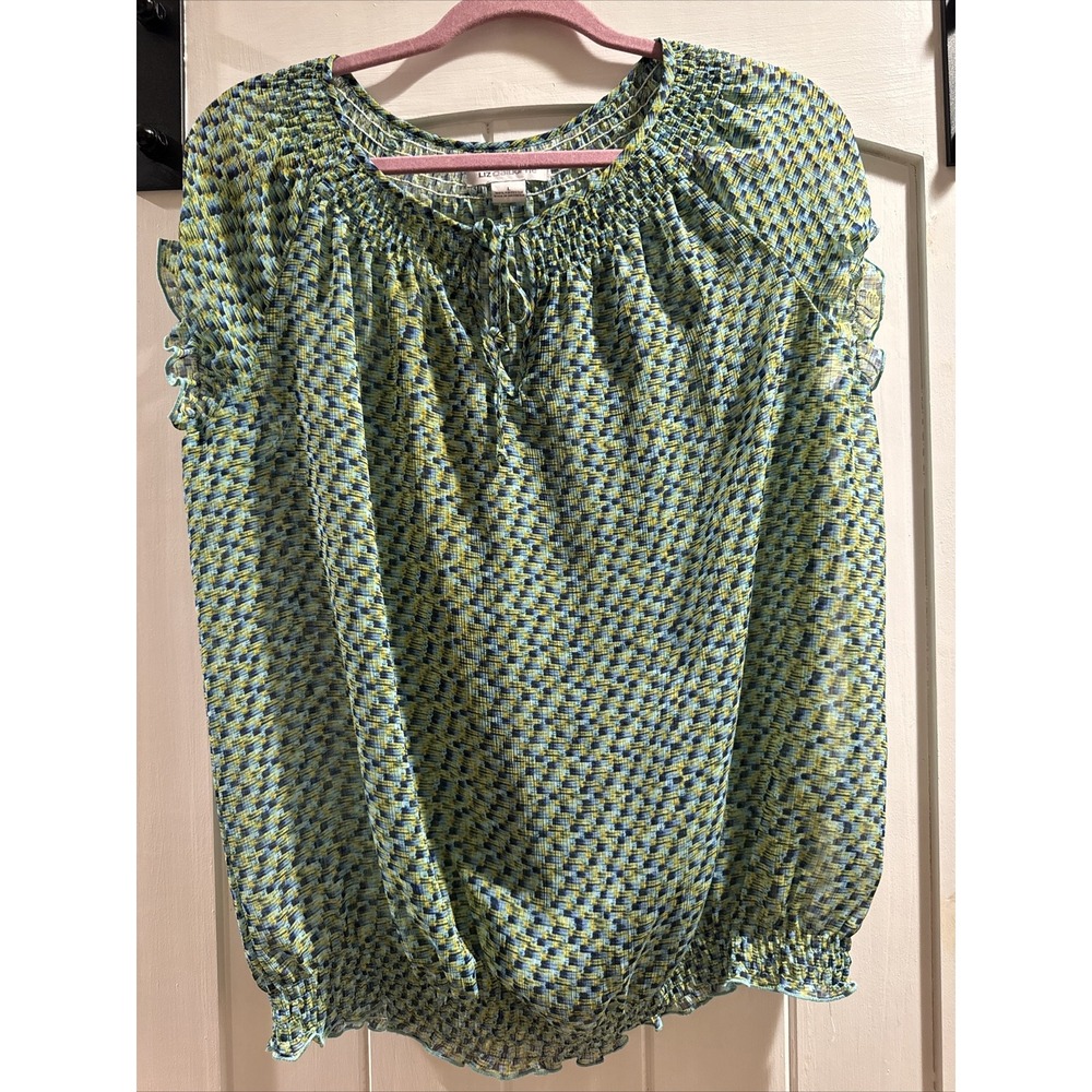 Liz Claiborne Sheer Blue Floral Popover Top Elastic Waist Women's Large  Summer